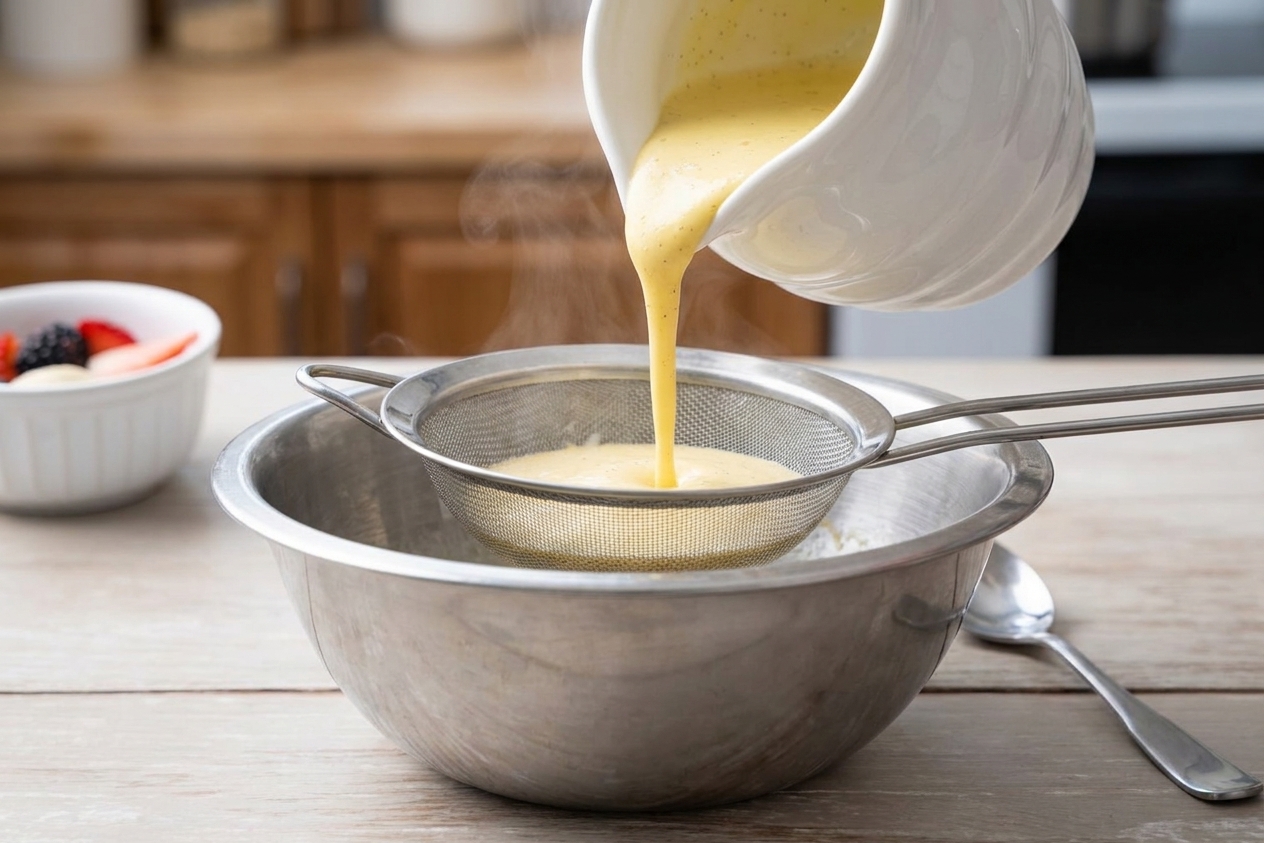 Warm vanilla custard being poured through a fine-mesh sieve into a bowl on a kitchen counter