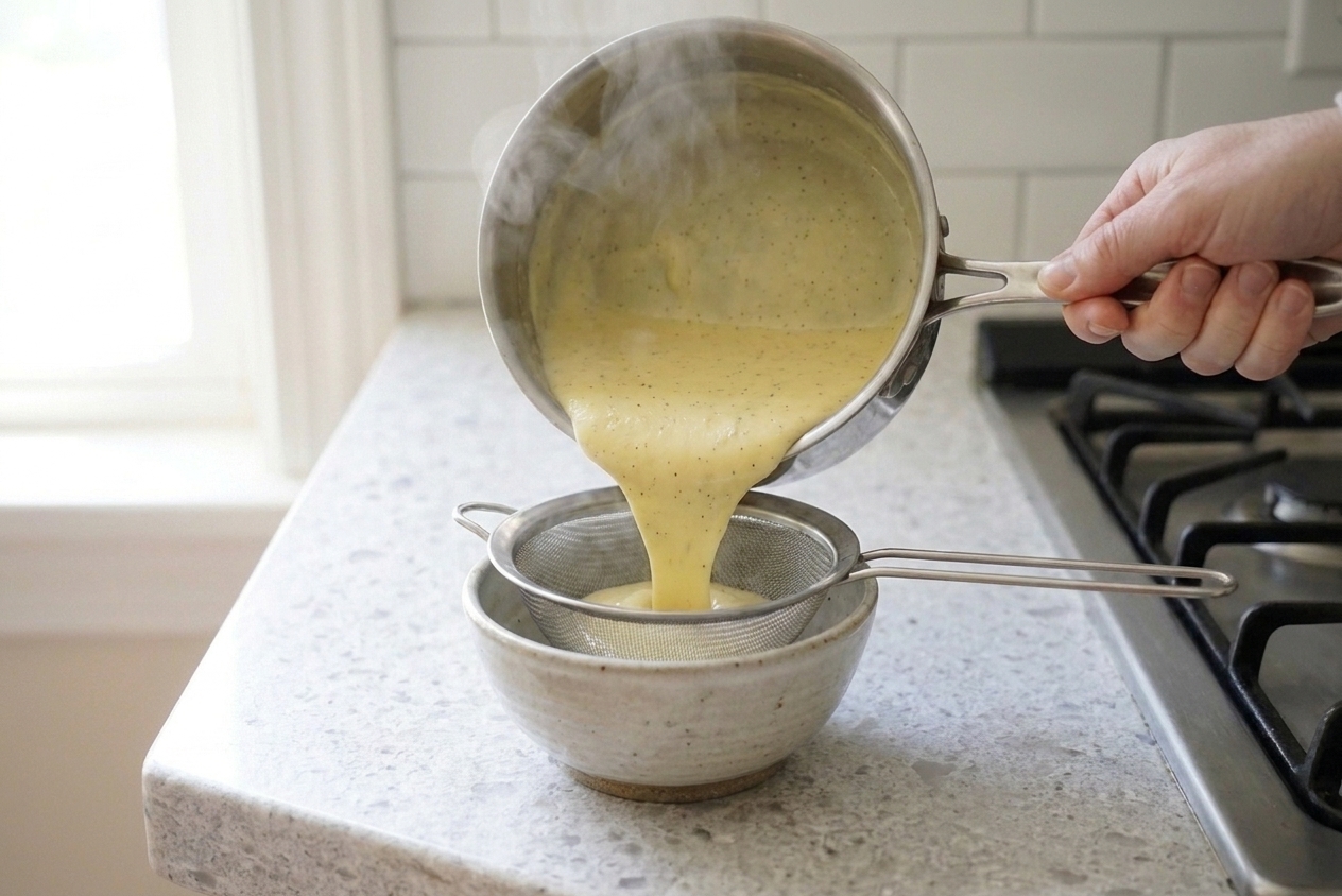 Warm vanilla custard being poured through a fine-mesh strainer into a bowl on a kitchen counter