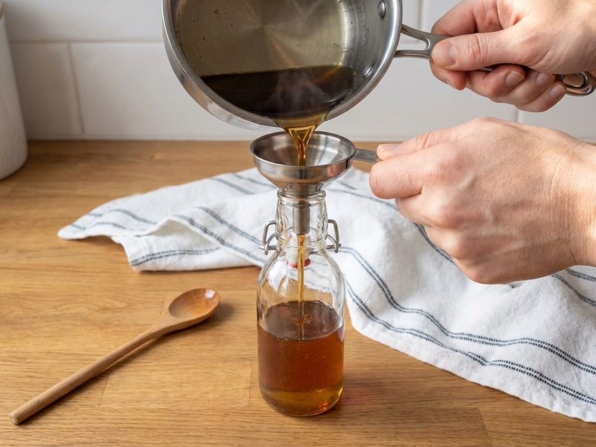 Warm vanilla syrup being poured through a small funnel into a glass bottle on a kitchen counter