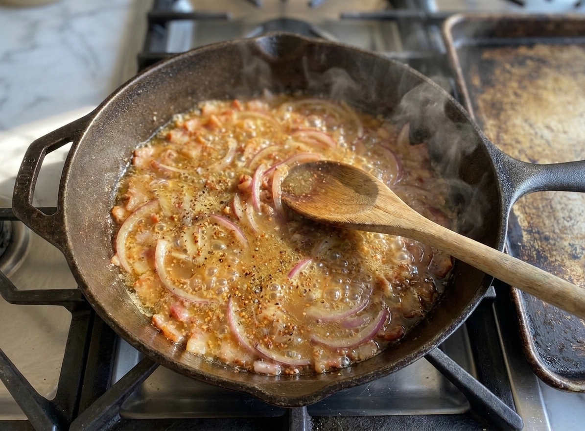 Warm vinegar and mustard dressing bubbling in a skillet with sautéed onions and bacon drippings, shot over a stovetop with natural kitchen lighting