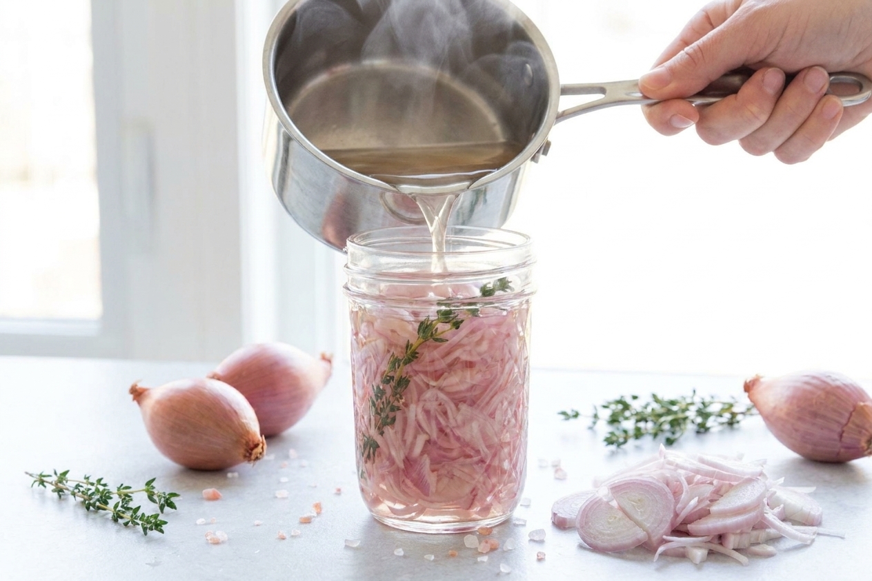 Warm vinegar brine being poured into a glass jar filled with sliced shallots on a bright kitchen counter