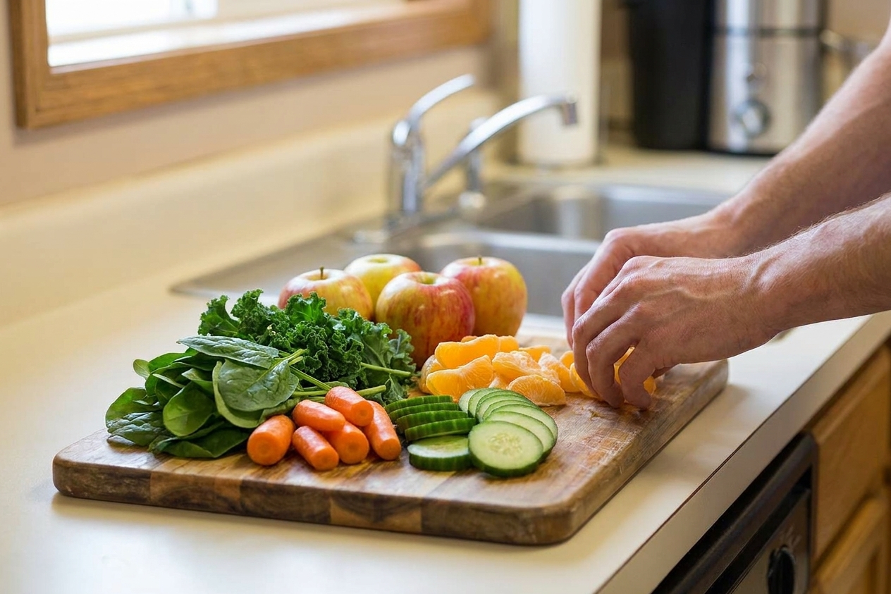 Washed apples, oranges, carrots, cucumbers, and leafy greens spread out on a clean kitchen counter with a cutting board