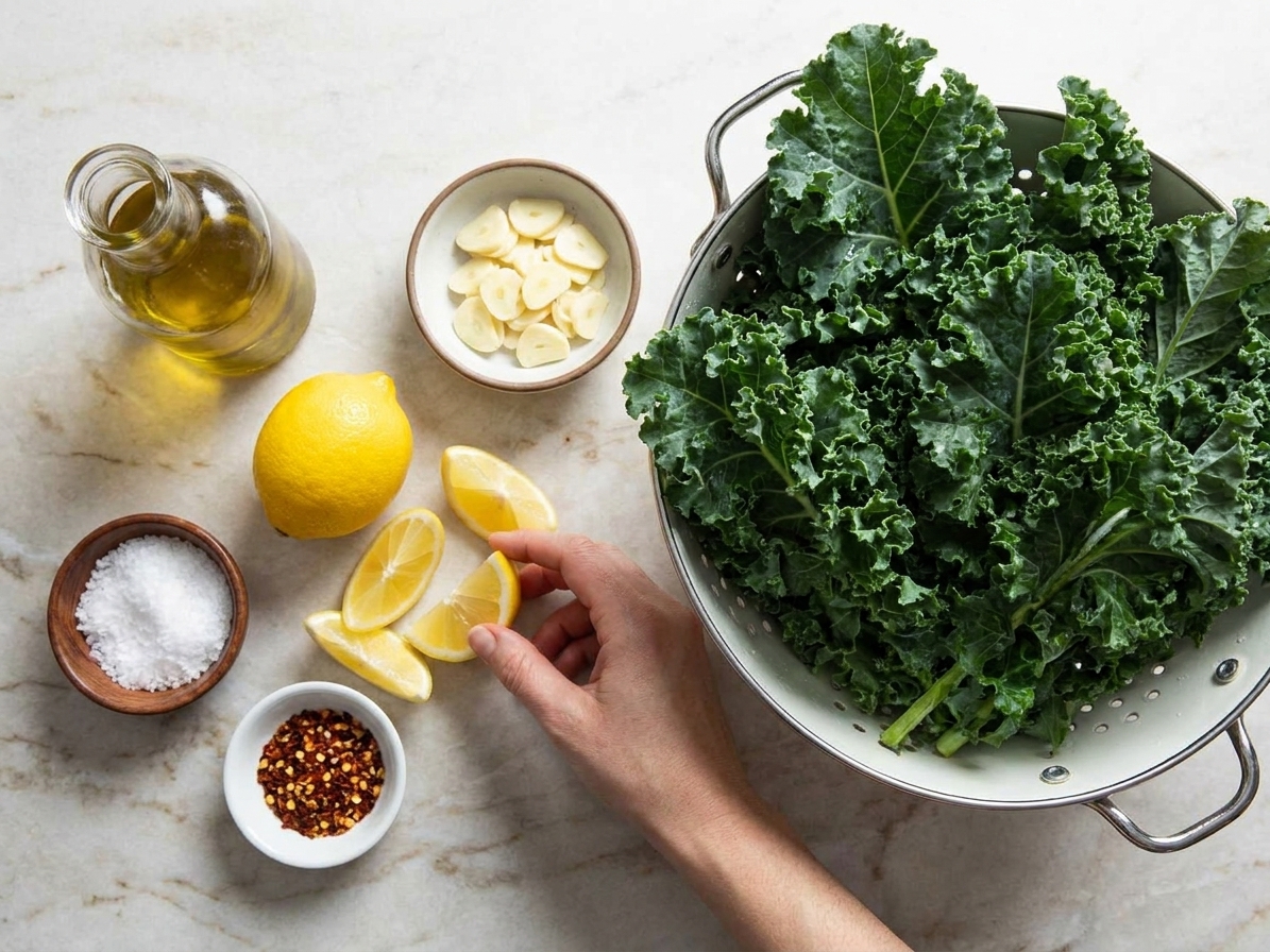 Washed curly kale, sliced garlic, lemon, olive oil, salt, and red pepper flakes arranged on a light kitchen counter