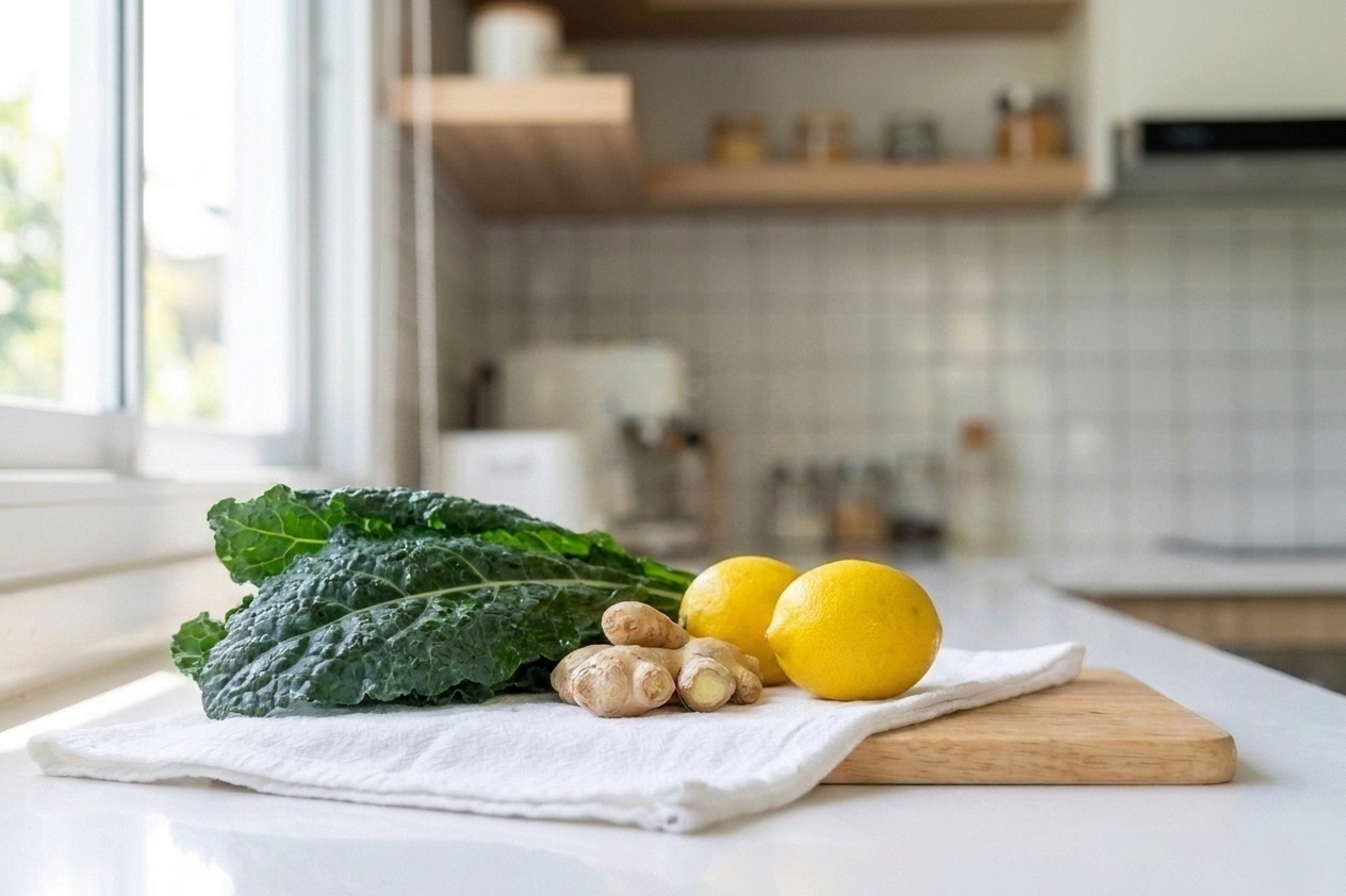 Washed kale leaves, ginger root, and lemons drying on a clean kitchen towel beside a cutting board
