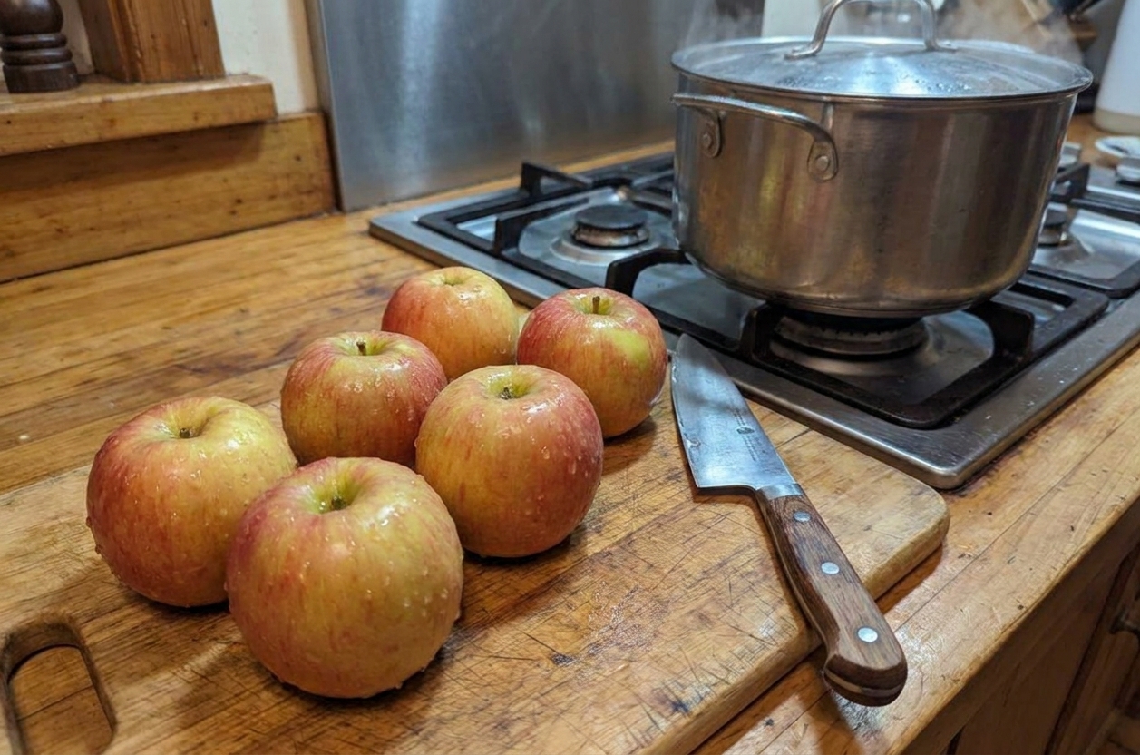 Washed whole apples on a wooden cutting board next to a chef knife and a large pot on a stove