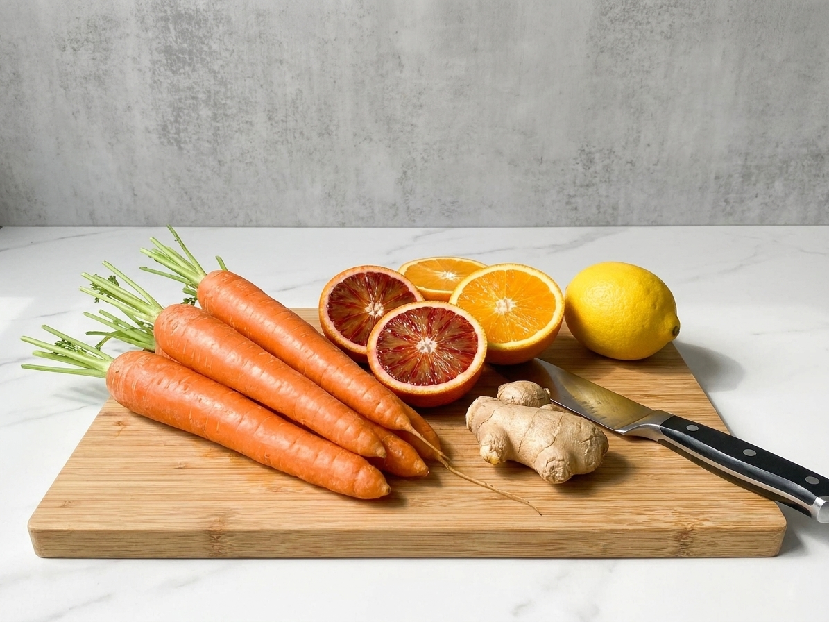 Washed whole carrots, halved oranges, a knob of ginger, and a lemon arranged on a clean cutting board on a bright kitchen counter