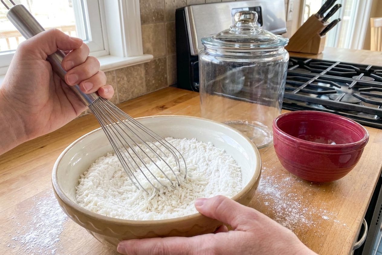 Washing soda, borax, and grated soap being whisked together in a large mixing bowl on a kitchen counter
