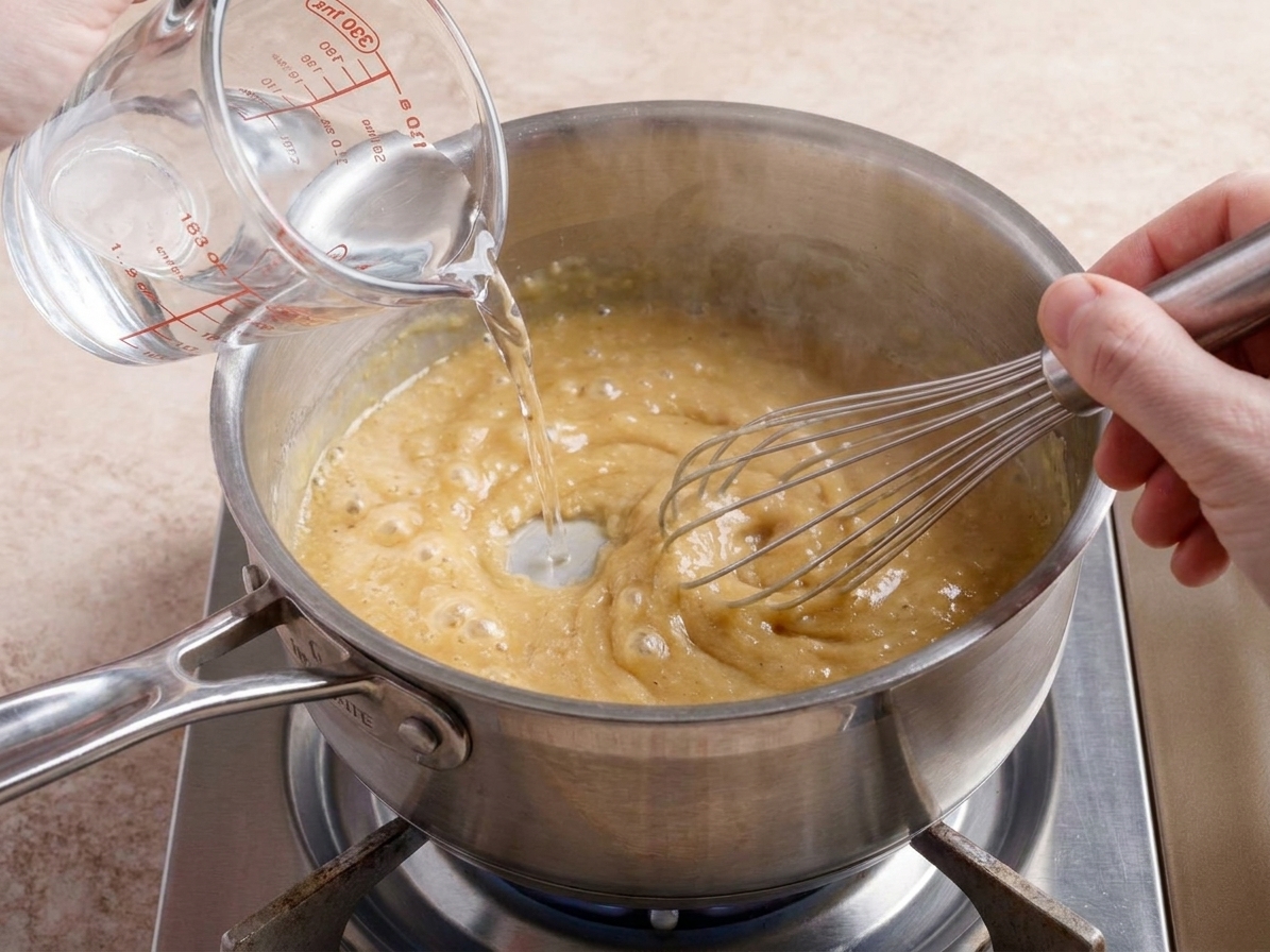 Water being poured into a saucepan while a whisk stirs quickly to keep the gravy base smooth