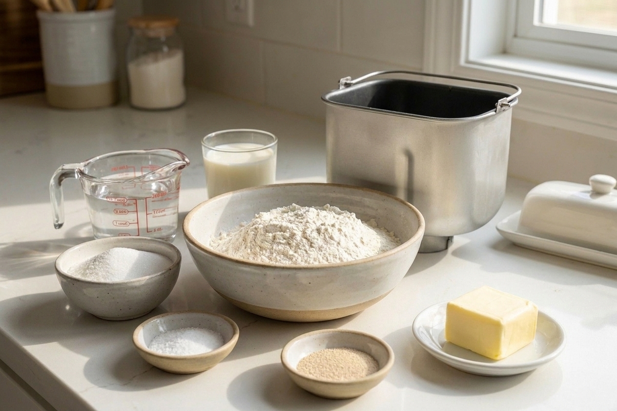 Water, milk, flour, sugar, salt, yeast, and softened butter arranged next to a bread machine pan on a kitchen counter