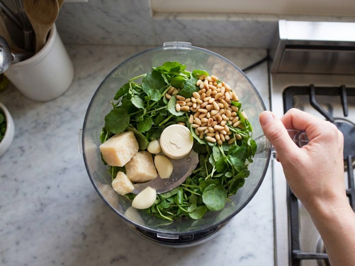 Watercress, garlic, nuts, and Parmesan in a food processor bowl right before blending