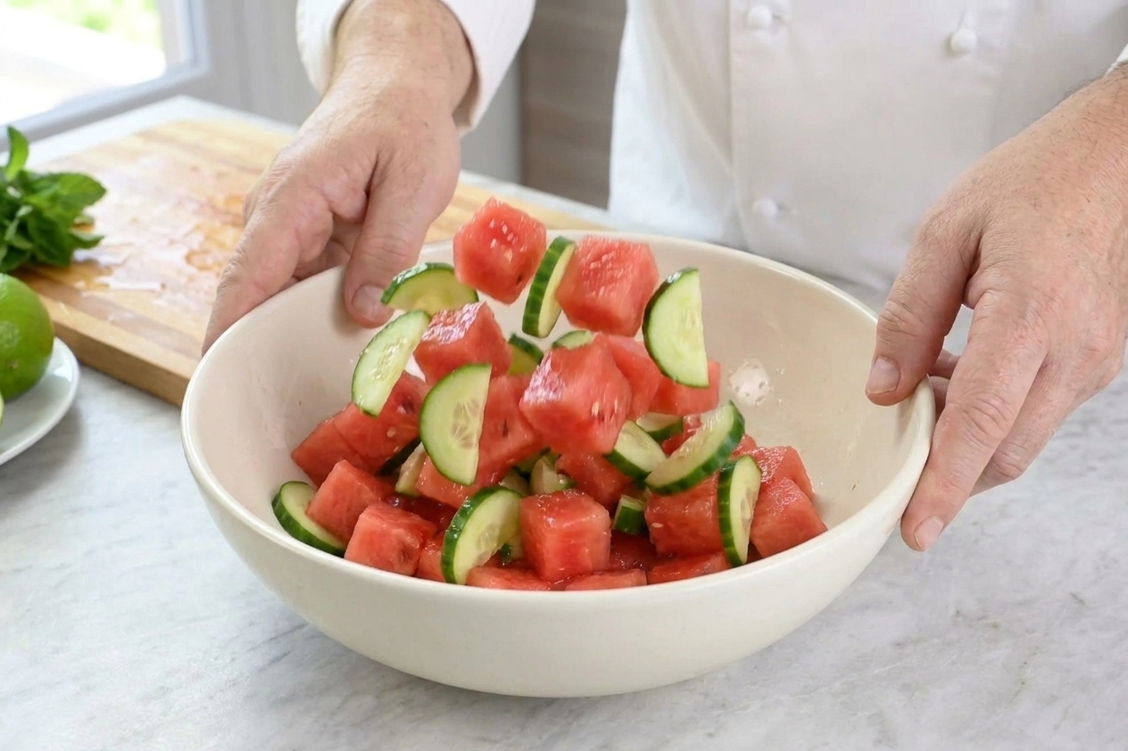 Watermelon cubes and cucumber slices being gently tossed in a large ceramic bowl on a kitchen counter