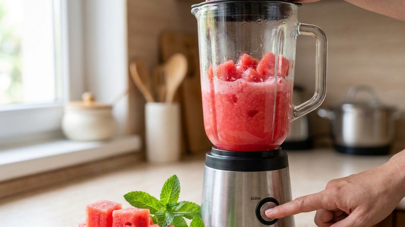Watermelon cubes being blended into a bright pink juice in a countertop blender on a clean kitchen counter