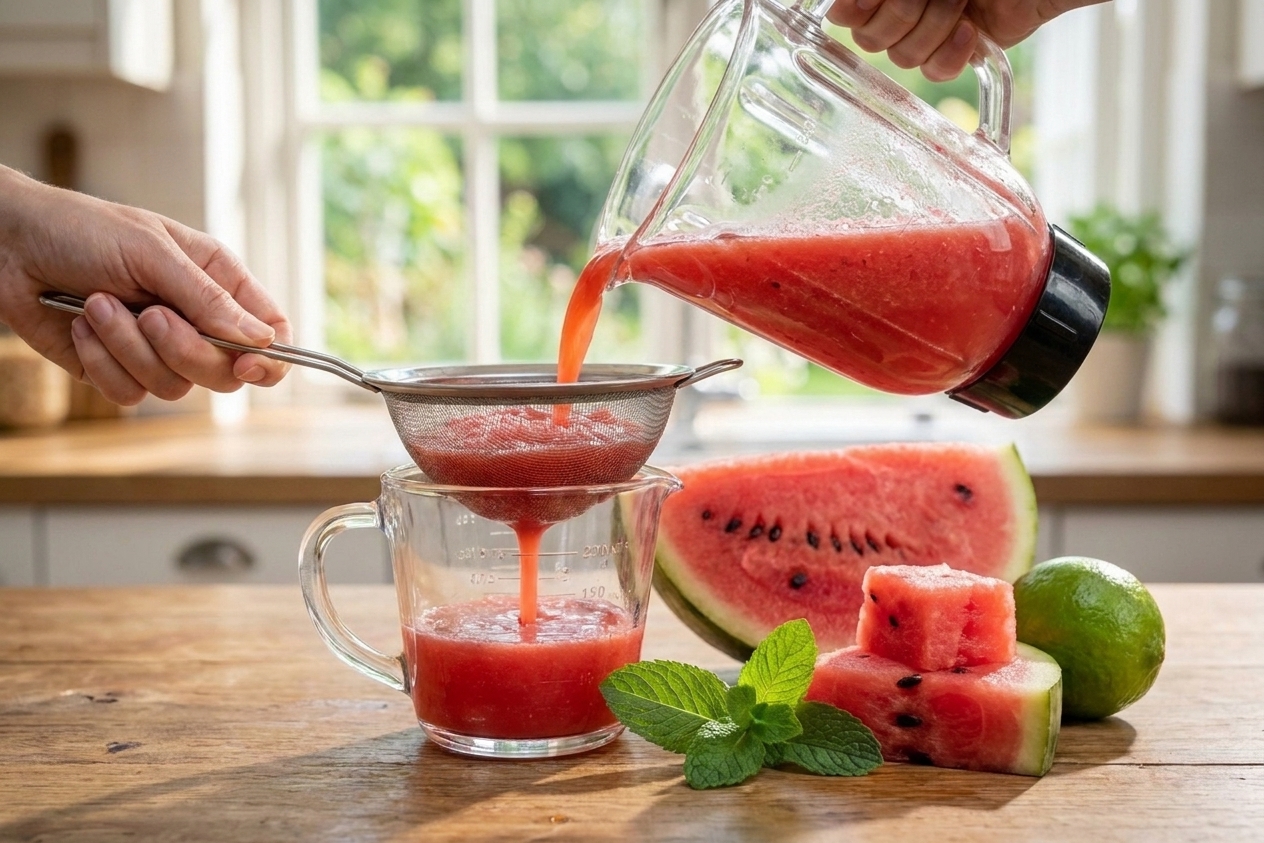 Watermelon juice being poured through a fine mesh sieve into a glass measuring cup on a bright kitchen counter
