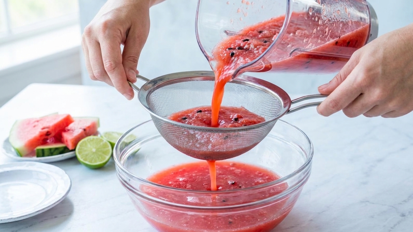 Watermelon juice being poured through a fine mesh strainer into a clear glass bowl on a kitchen counter