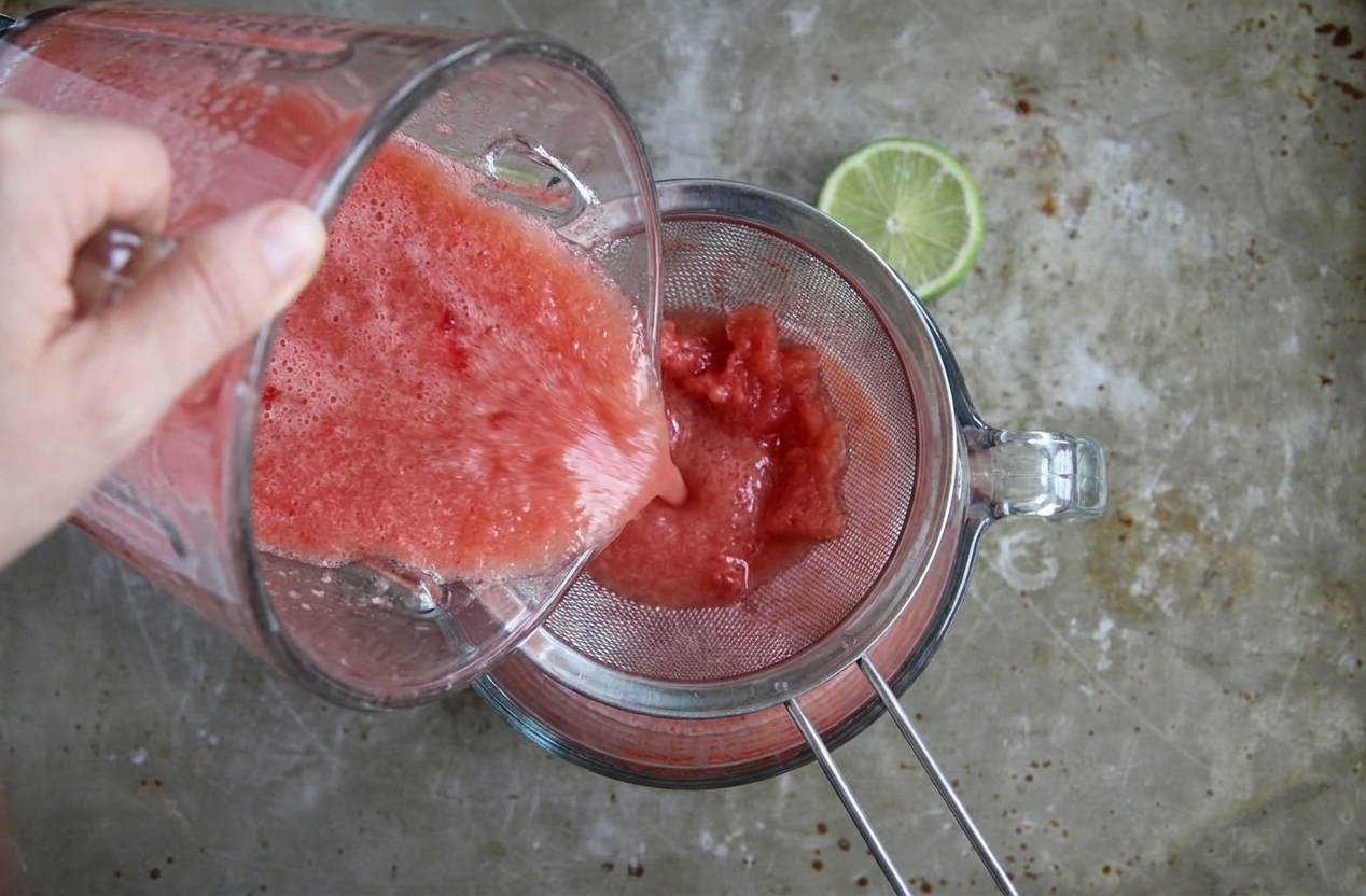 Watermelon puree being poured through a fine mesh strainer into a glass measuring cup on a kitchen counter