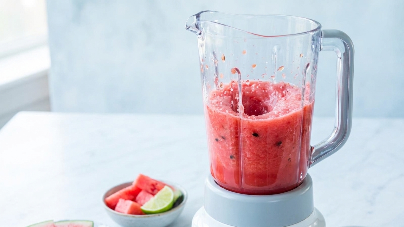 Watermelon puree spinning in a blender on a bright kitchen counter