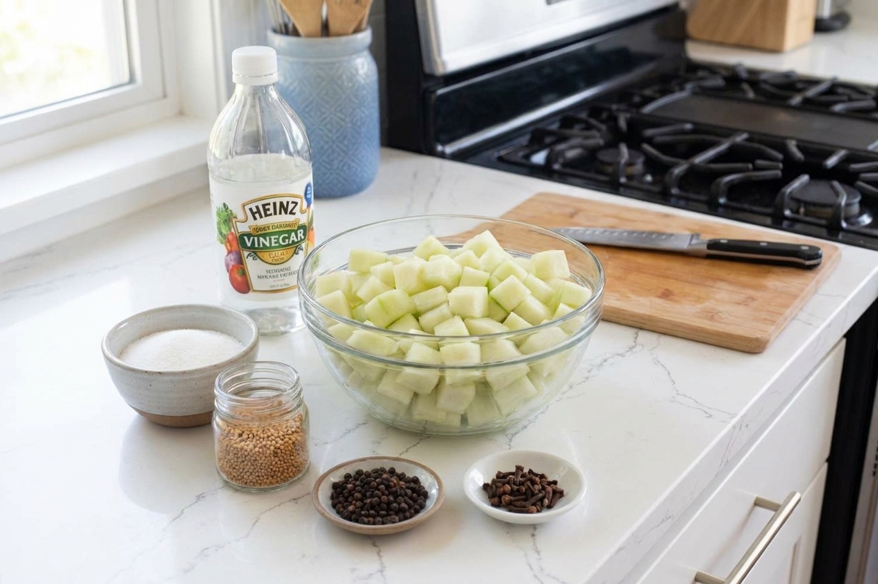 Watermelon rind cubes in a bowl with vinegar, sugar, mustard seeds, peppercorns, and whole cloves nearby