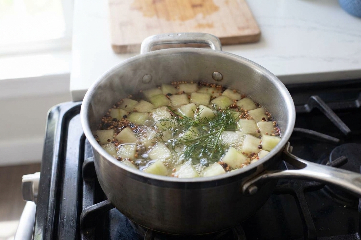 Watermelon rind cubes simmering in a saucepan of spiced vinegar brine