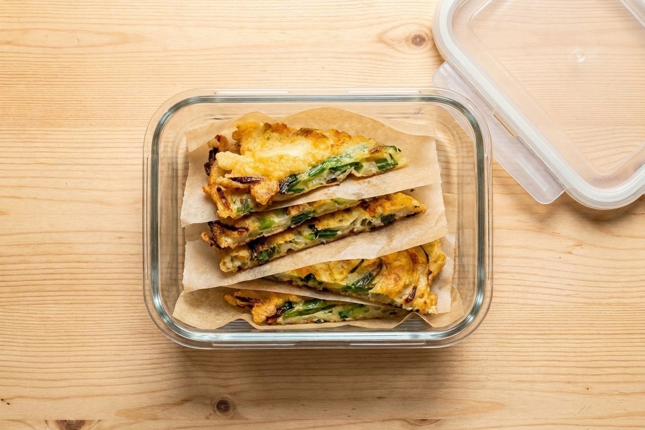 Wedges of leftover Korean scallion pancake stacked with parchment in a glass storage container on a kitchen counter