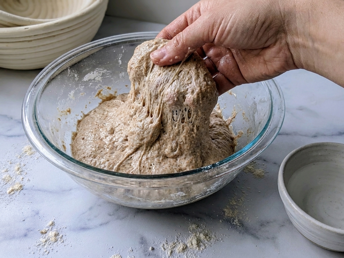 Wet hands lifting and folding a sticky whole wheat sourdough dough inside a clear bowl, showing strength building during fermentation