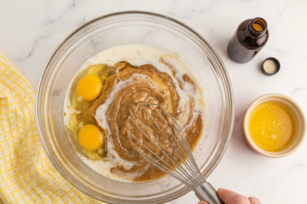 Wet ingredients being whisked in a bowl with vanilla and melted butter nearby
