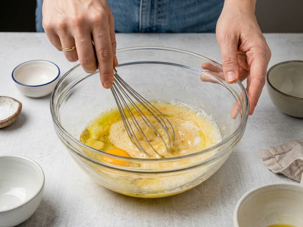 Wet ingredients whisked together in a large glass bowl on a kitchen counter