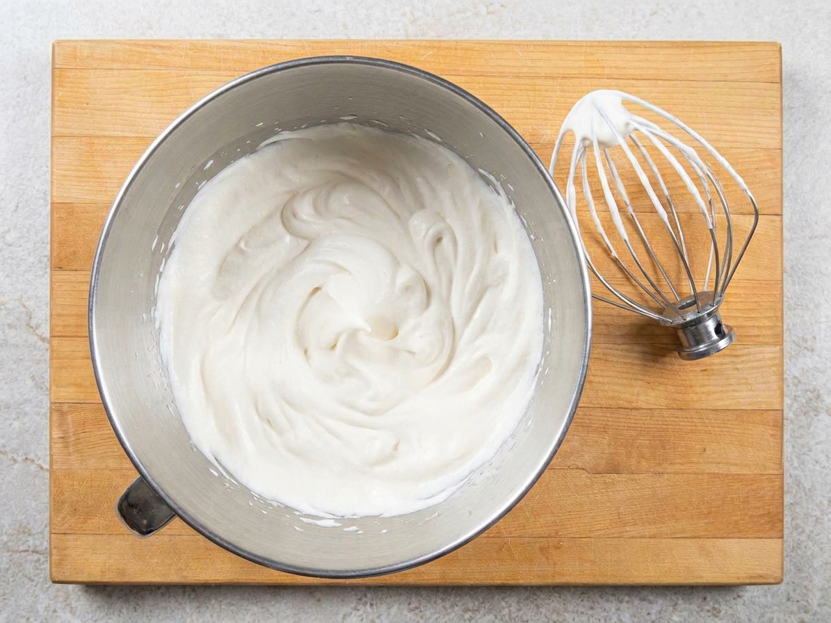 Whipped cream at soft peaks in a stainless steel mixing bowl with a whisk attachment resting beside it
