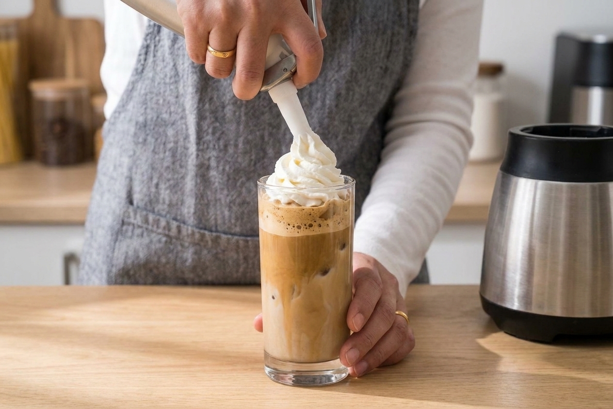 Whipped cream being added on top of a coffee frappuccino in a glass