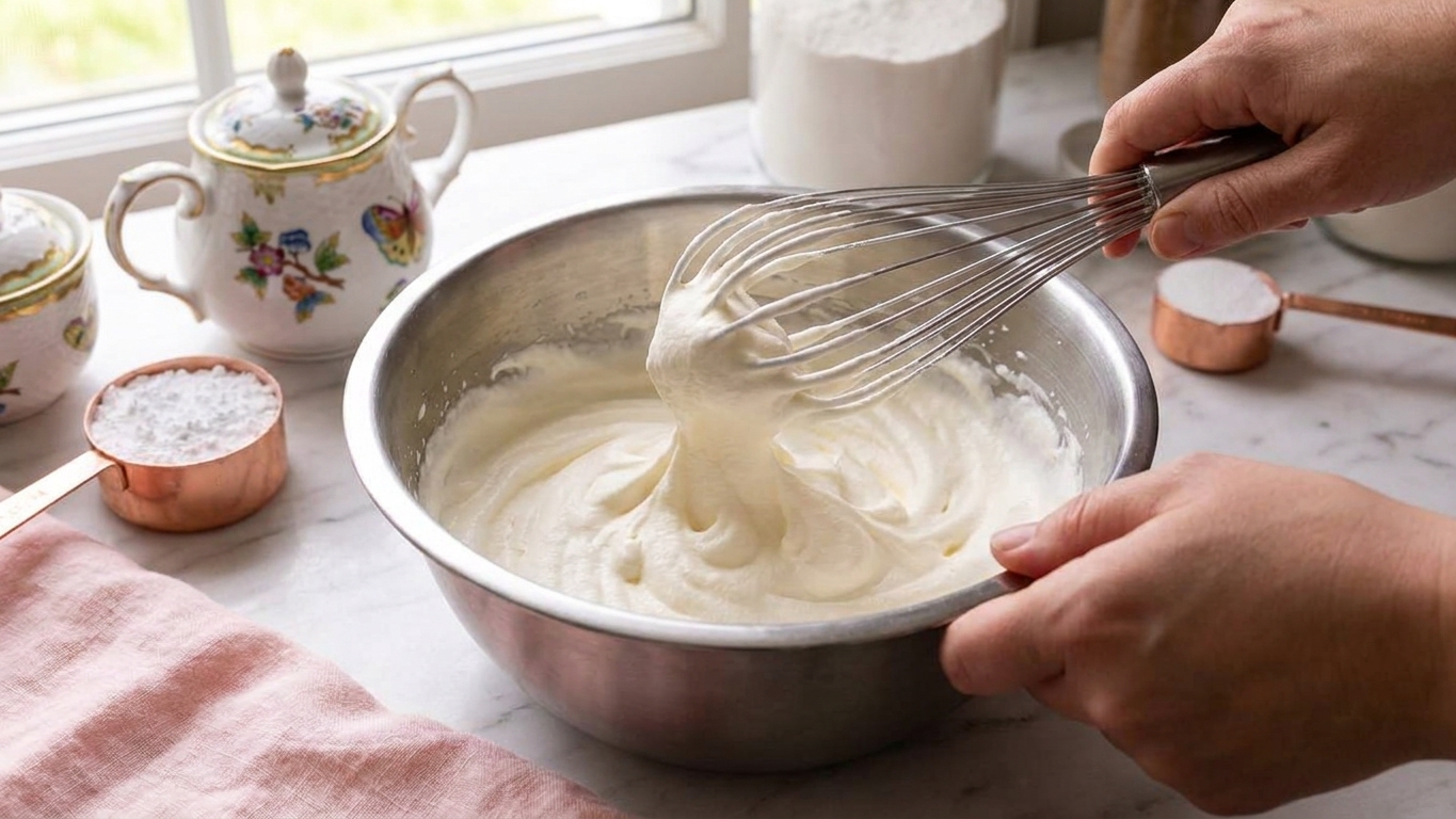 Whipped cream being whisked in a metal bowl on a home kitchen counter