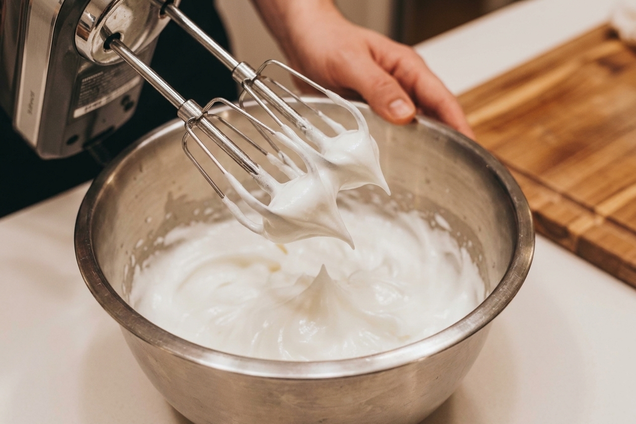 Whipped egg whites in a metal bowl forming glossy peaks on mixer beaters
