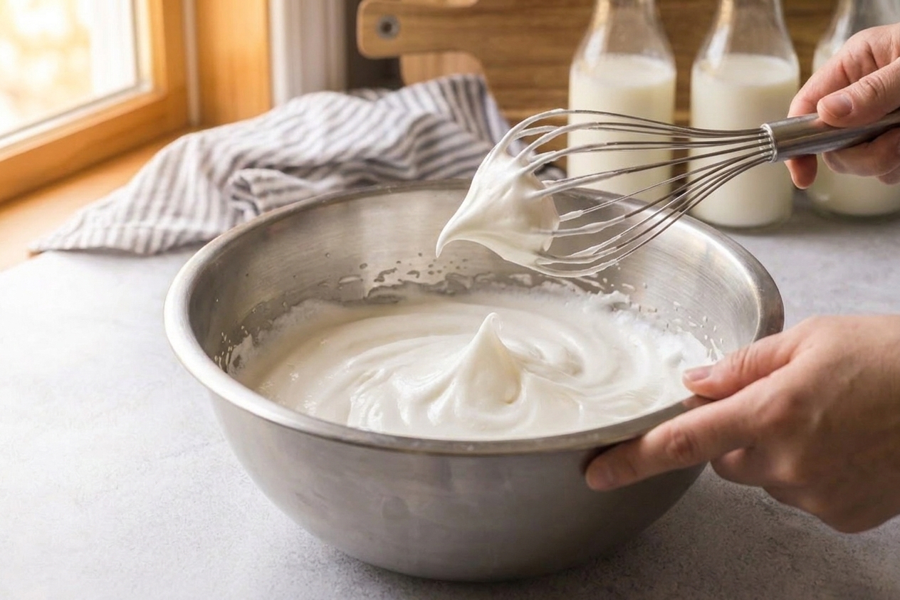 Whipped egg whites in a metal mixing bowl showing stiff peaks on the whisk attachment