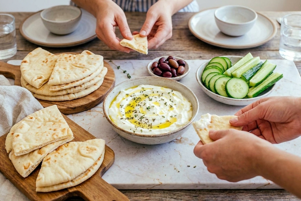 Whipped feta dip on a table with warm pita wedges and sliced cucumbers in a casual family-style setting