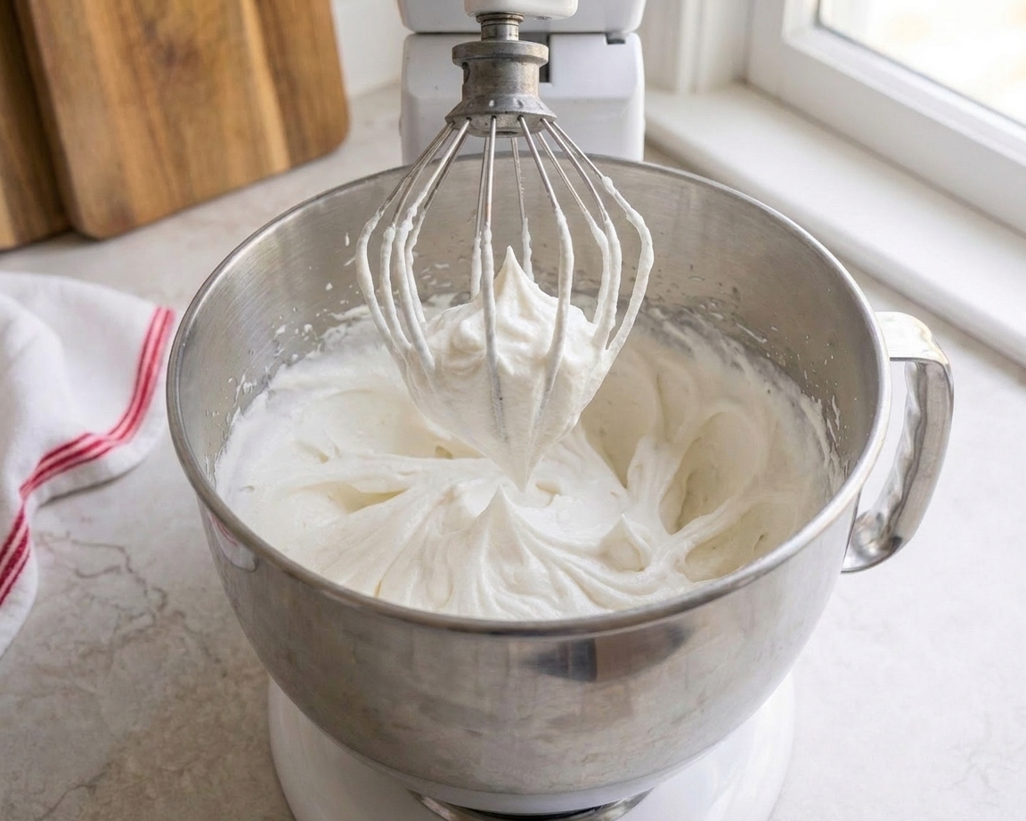 Whipped frosting in a mixing bowl with the whisk lifted, showing stiff peaks that hold their shape