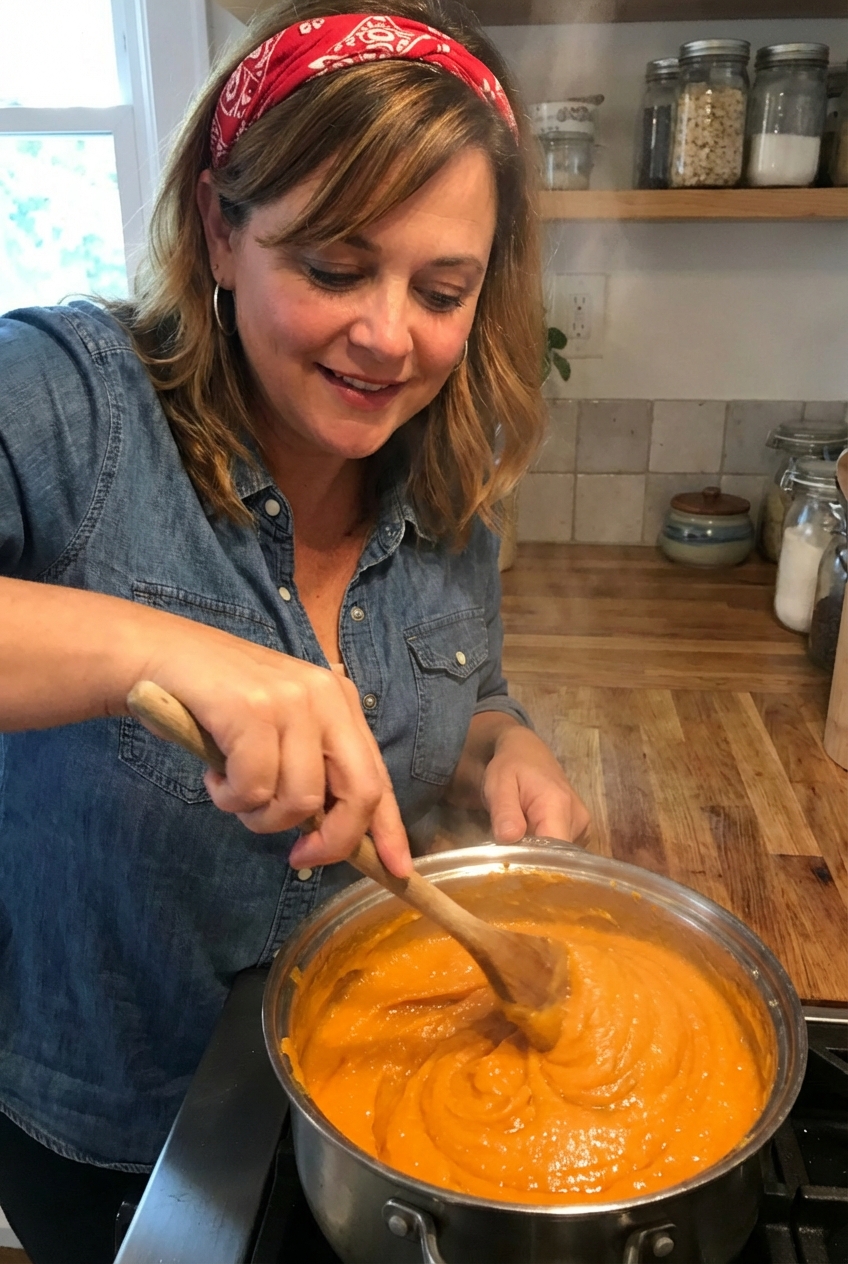 Whipped sweet potatoes being stirred in a pot until glossy and creamy