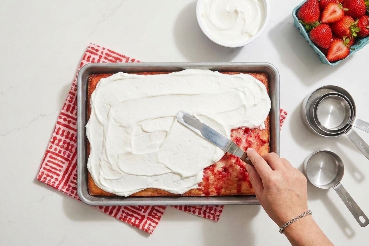 Whipped topping being spread in an even layer over a chilled strawberry poke cake in a 9x13 pan using an offset spatula
