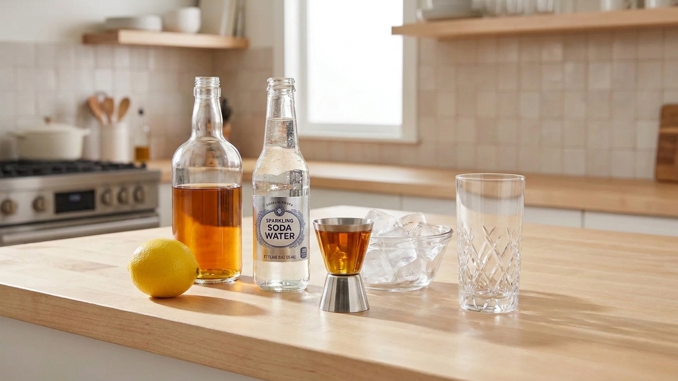 Whiskey, a bottle of soda water, a lemon, and a jigger arranged on a clean kitchen counter, ready to make a simple highball