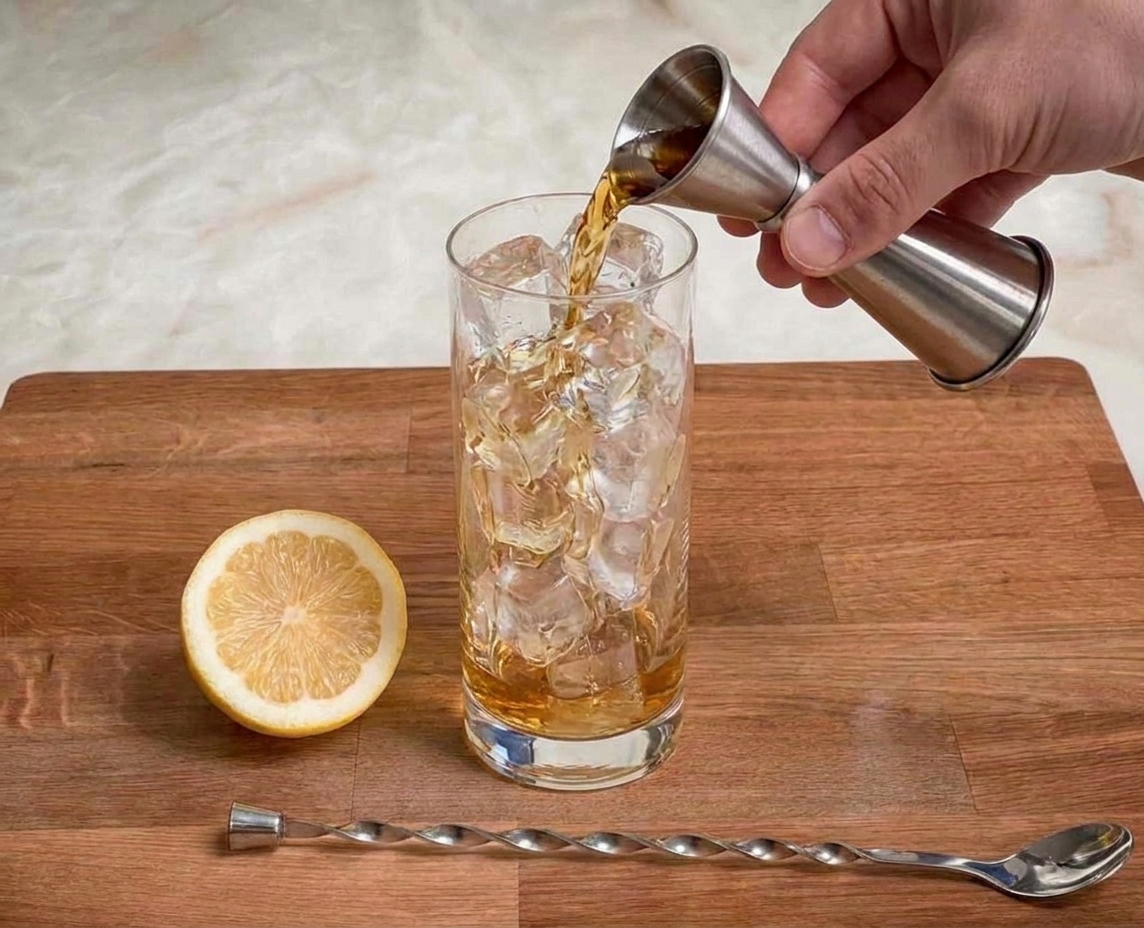 Whiskey being poured from a jigger into a highball glass packed with ice