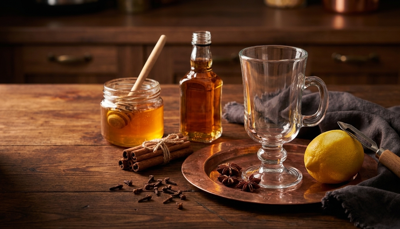 Whiskey, honey, a lemon, cinnamon sticks, whole cloves, and a mug arranged on a warm-toned kitchen counter
