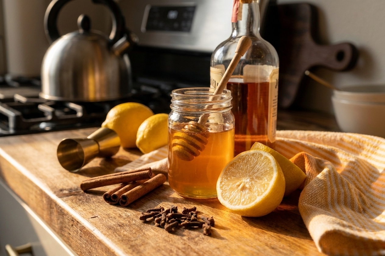 Whiskey, honey, lemon, cinnamon sticks, whole cloves, and a kettle on a tidy kitchen counter with warm lighting