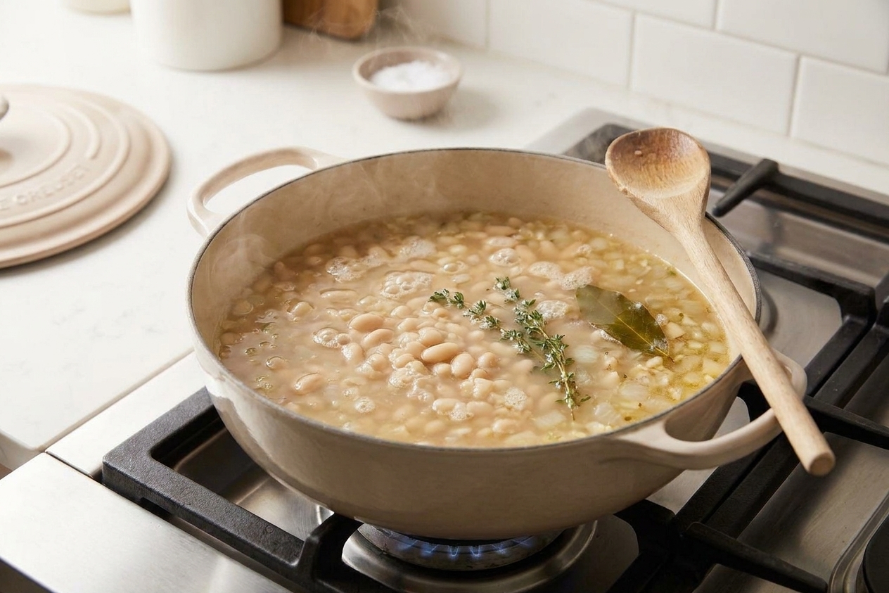 White beans and broth simmering in a Dutch oven with small bubbles forming on the surface