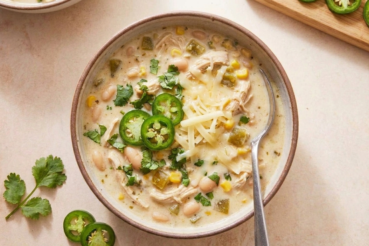 White chicken chili served with jalapeños, cilantro, and shredded cheese