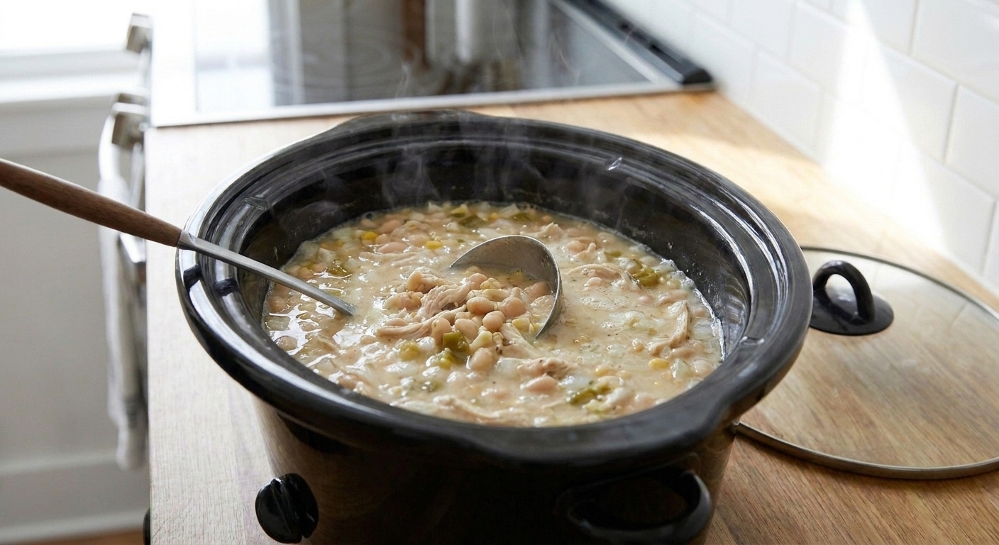 White chicken chili simmering in a slow cooker crock with a ladle resting inside in a cozy home kitchen