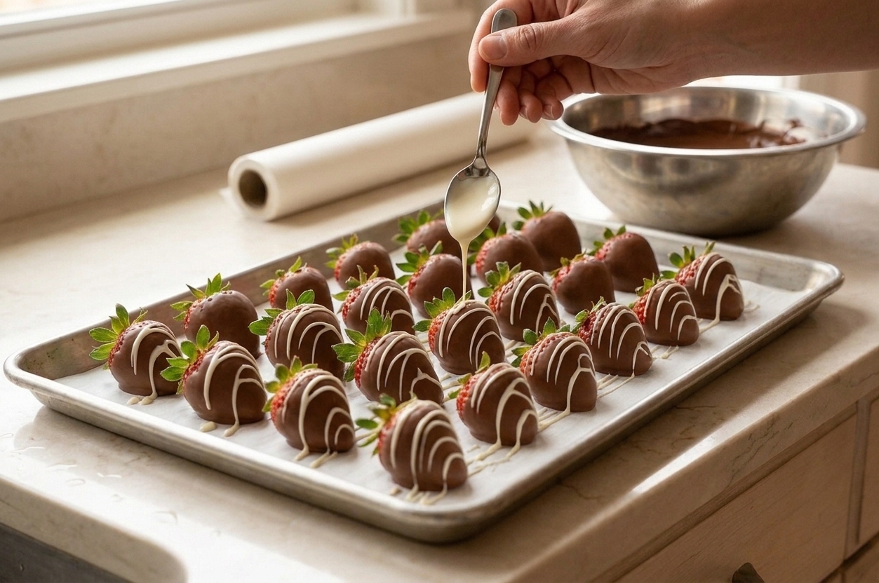 White chocolate being drizzled over a tray of chocolate covered strawberries on parchment paper