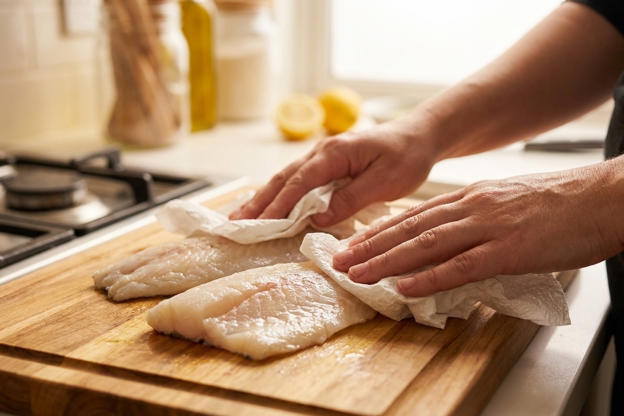 White fish fillets being patted dry with paper towels on a cutting board on a bright kitchen counter