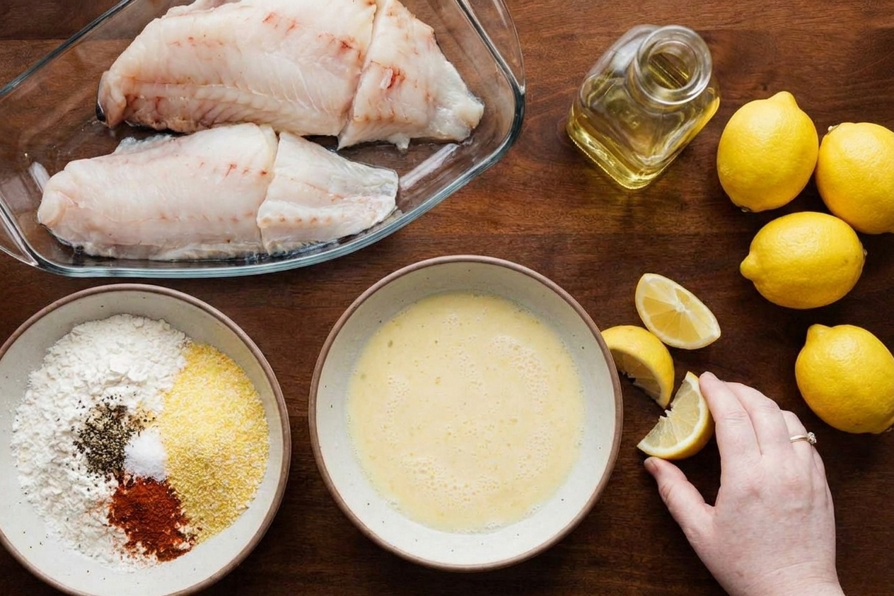 White fish fillets, flour, cornmeal, spices, eggs, buttermilk, lemon, and oil arranged together for a fish fry