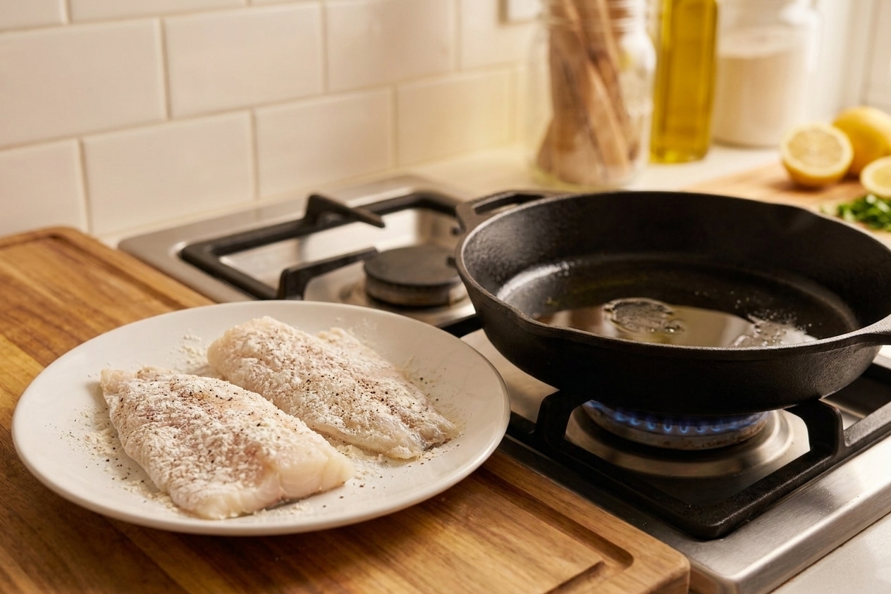 White fish fillets lightly coated in flour on a plate next to a skillet on the stove