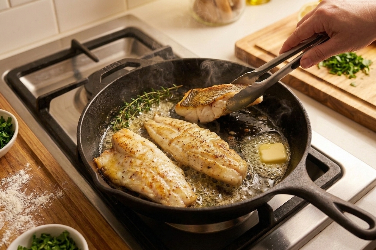White fish fillets searing in a hot skillet with browned edges forming, viewed from above on a stovetop