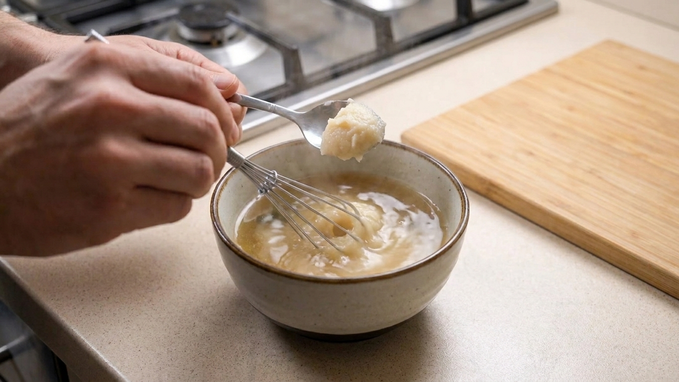 White miso paste being whisked into a small bowl of hot broth until smooth on a kitchen counter