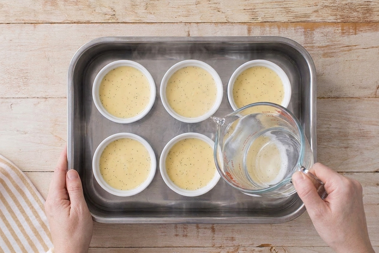 White ramekins filled with custard sitting in a roasting pan as hot water is poured in to create a water bath