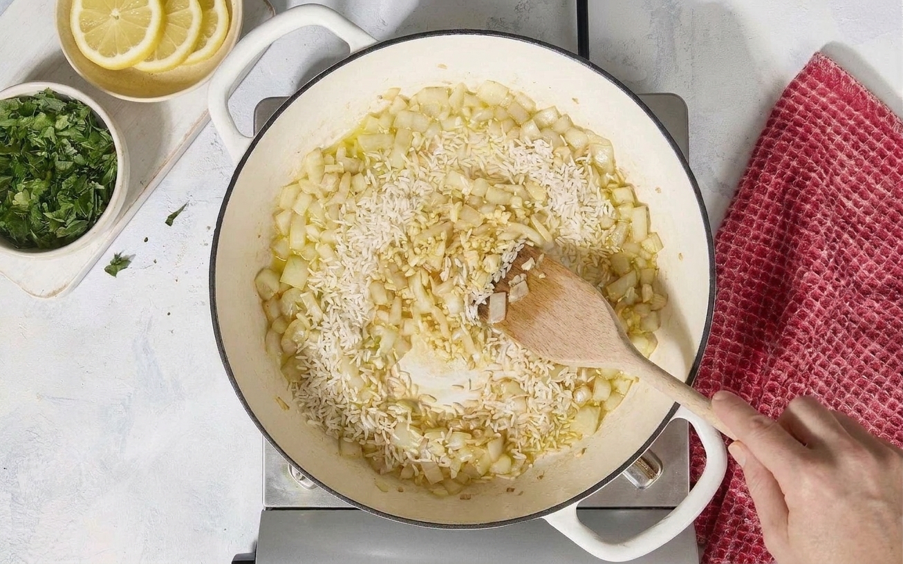 White rice being stirred into sautéed onions in a skillet as it toasts and turns slightly translucent